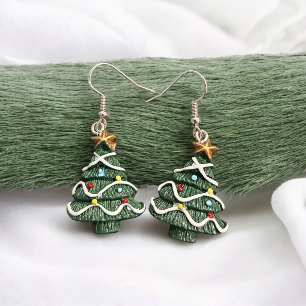 Christmas Tree Acrylic Holiday Festive Dangle Earrings - Picture 2 of 2